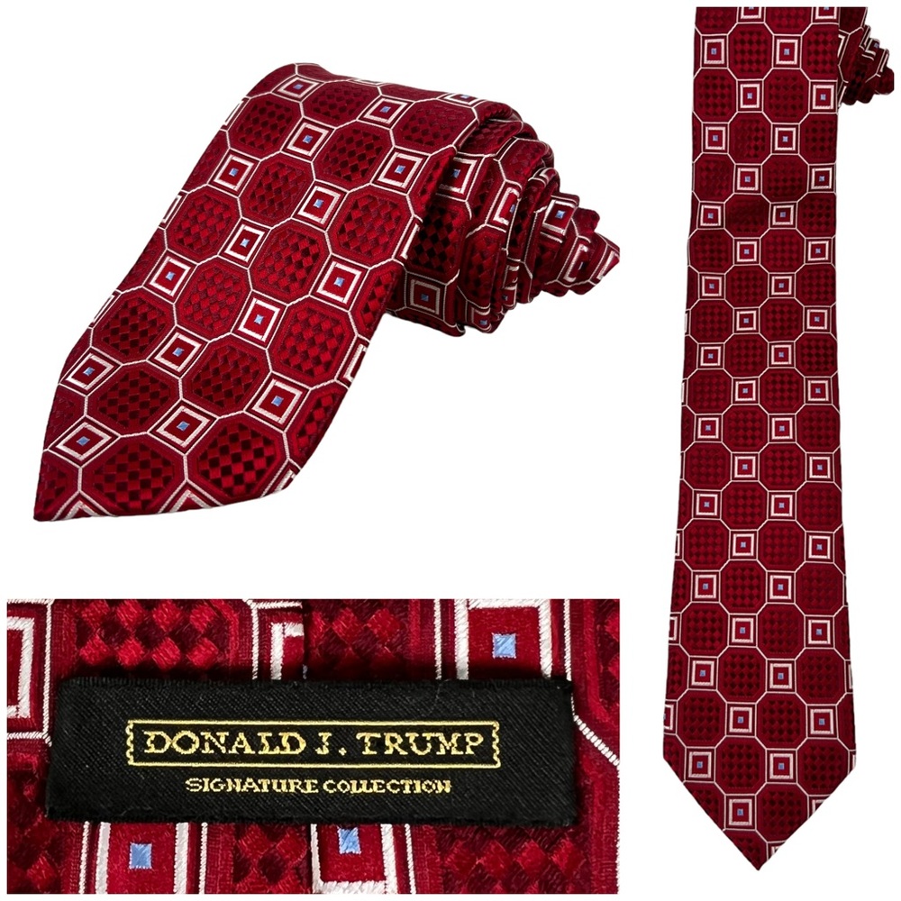 Donald J Trump Signature Collection Geometric Tie Red 100% Silk Handmade 58” EUC